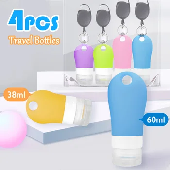 

4pcs Empty Travel Silicone Bottle Refillable Leakproof Containers with Retractable Badge Reel for Toiletry Liquid Random Color