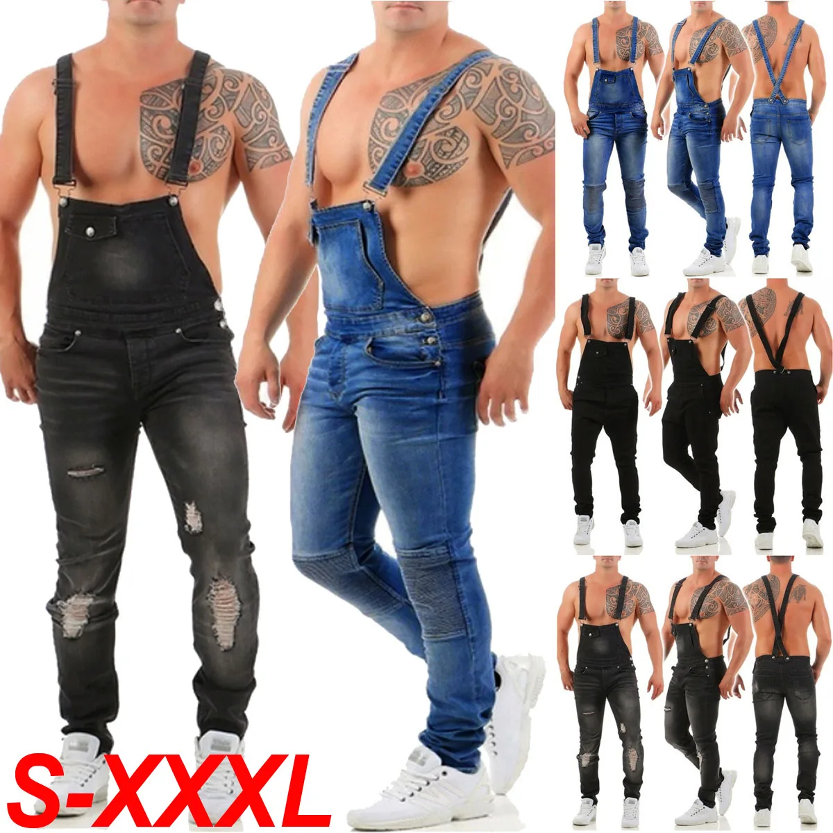 Мужские джинсовые комбинезоны с подтяжками, облегающие джинсовые комбинезоны с подтяжками, облегающие комбинезоны S-XXXL