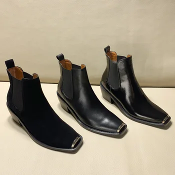

Women Cow Leather Ankle Boots Mental Decoration Square Toe Slip-on Retro Style Chelsea Boots For Women