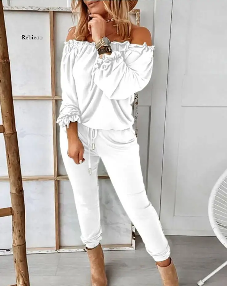 

Women Spring Solid Off Shoulder Long Sleeve Drawstring Frill Hem Jumpsuit Casual Ruffles Female Clothing