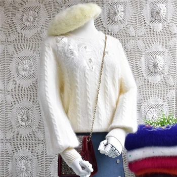

Autumn women sweater round neck bat sleeve embroidery pattern Angora rabbit hair knitting Pullover white Sweater fashion ladies
