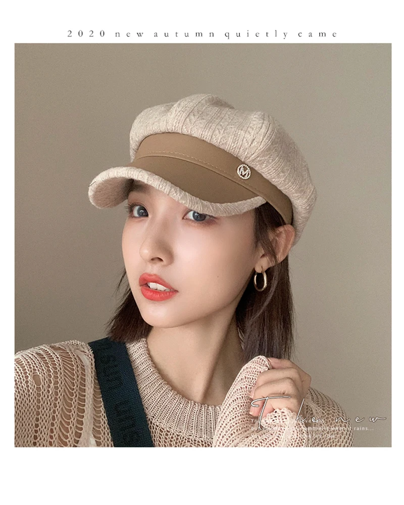 W63 Female Leather Beret Autumn And Winter Tide British Retro Letter Striped Octagonal Newsboy Painter Hat_voghion.com