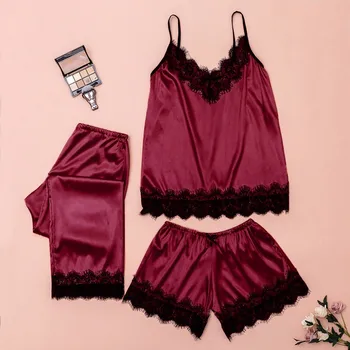 

&35 Silk Pajamas for Women Lace Womens Pajama Set Summer 2020 Pyjamas Women Satin Sleepwear Sets V-Neck Pijama Mujer
