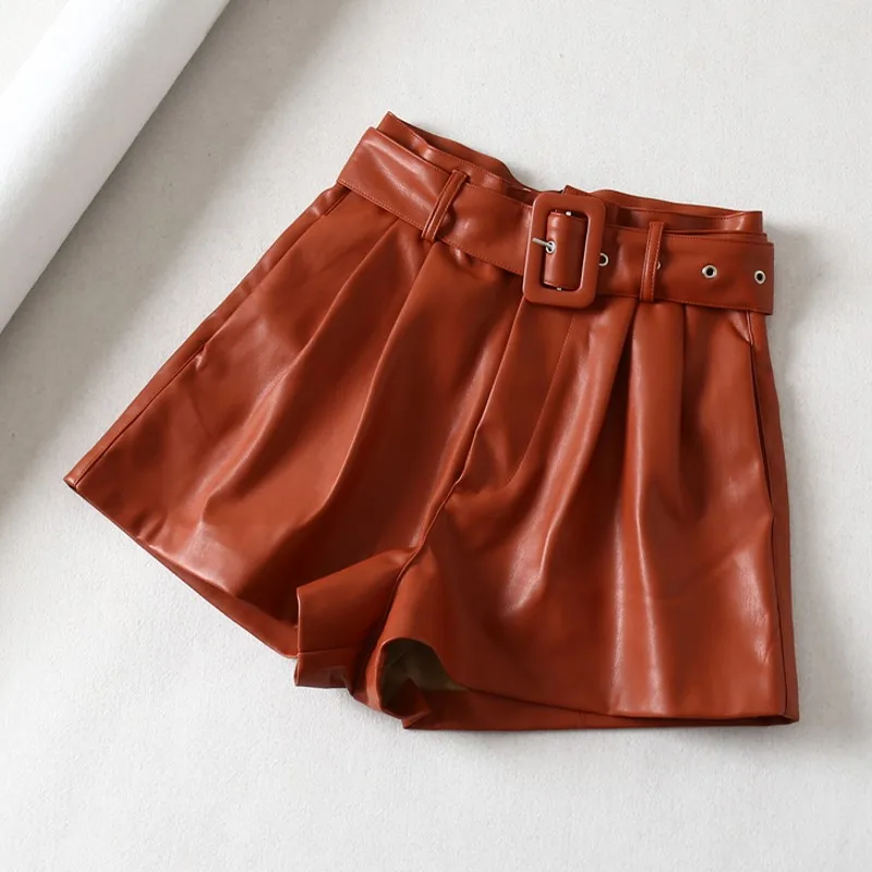 2019 Новинка зимы Для женщин Оранжевый Цвет PU Бермудские шорты искусственная кожа шорты с поясом