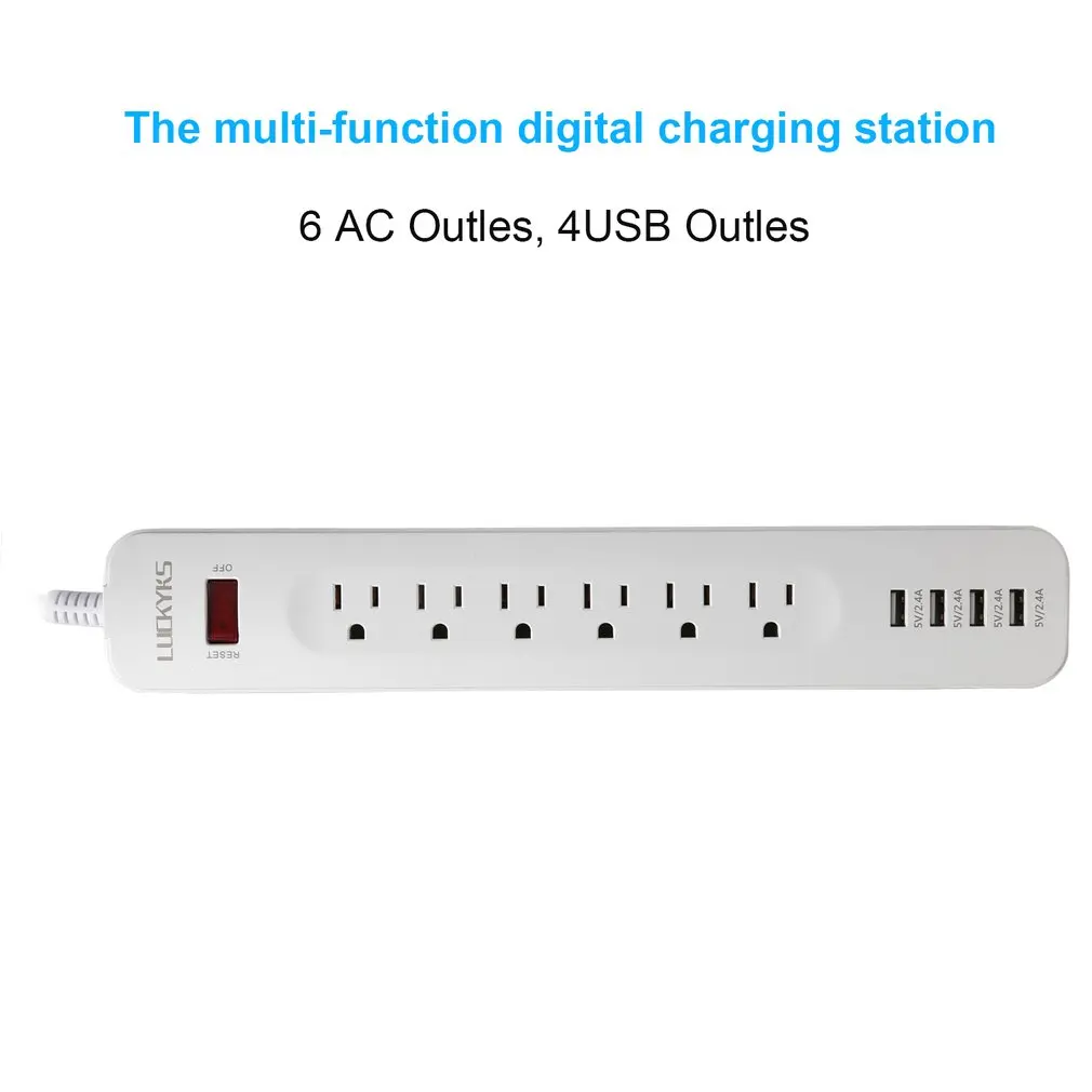 

LUCK Multifunctional Surge Protective Platooninsert 6 Outlet Extension Socket Power Strip with 4 USB Charging Ports US plug