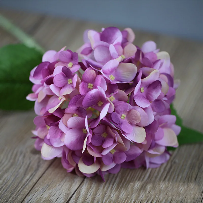 Purple Большая голова искусственная Гортензия цветы ветка Шелковый Искусственный цветок с листьями для DIY магазина домашний сад свадебное украшение искусственный Флор - Цвет: Purple