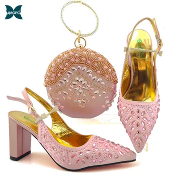 

High Quality 2019 Winter Shoes and Bag Set for Party Italian design Women Wedding Matching Shoes and Bag to Match in Pink Color