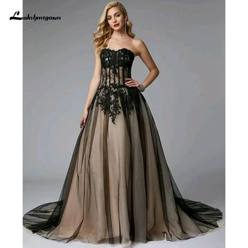 

Lakshmigown Black Wedding Dress Gothic Colorful Gowns Lace Applique Strapless Amazing A Line Bridal Gown robe de mariage