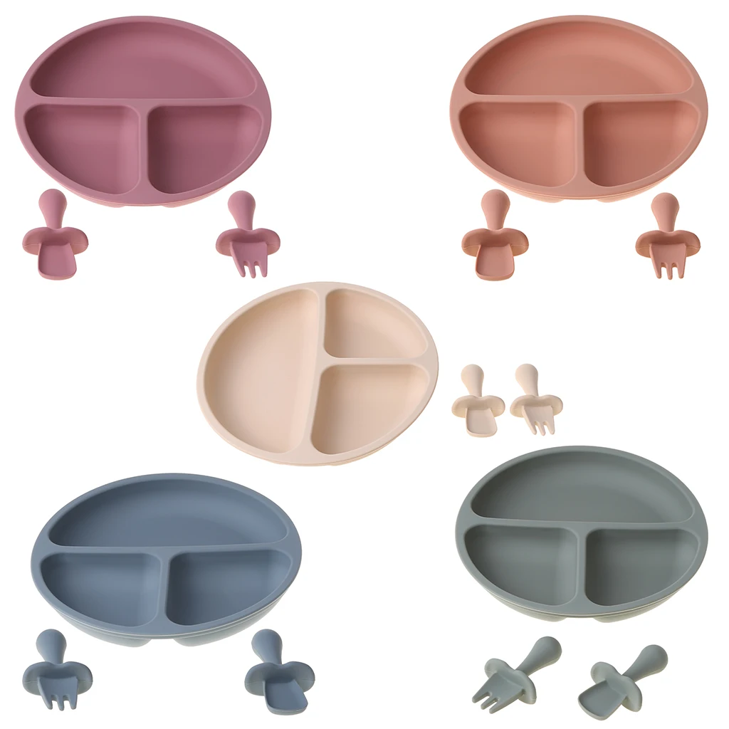 3pcs/set BPA Free Baby Silicone Tableware Solid Color Dinner Plate Training Fork And Spoon For Children | Мать и ребенок