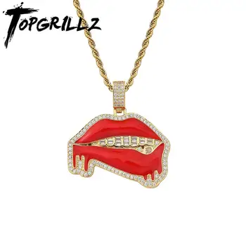 

TOPGRILLZ New Red lips dripping Pendant with Baguette paved Gold Color High Quality Iced Out Cubic Zirconia For Gift