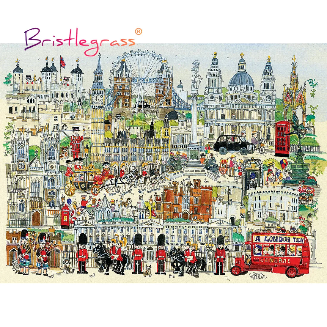 BRISTLEGRASS Wooden Jigsaw Puzzles 500 1000 Piece London Town Cartoon Hand Drawing Educational Toy Gift Wall Painting Home Decor jigsaw tour–london pc