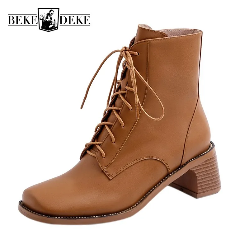 

Retro Womens British Autumn New Brand Mid Calf Boots Fashion Square Toe Lace Up Genuine Leather Breathable Female High Top Boots