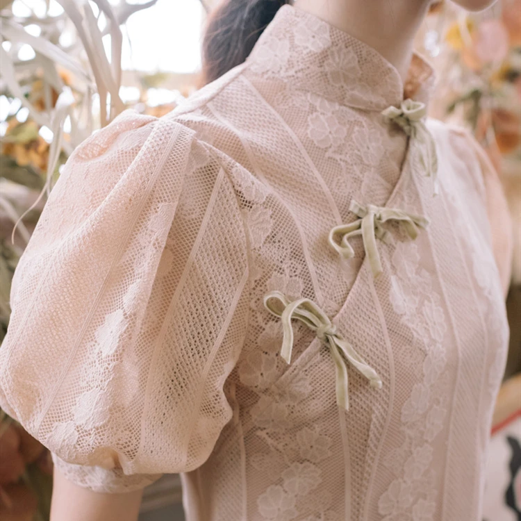 New Fashion Women's Lace Dress French Court Style Puff Sleeve Dresses