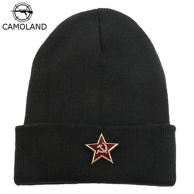 

CAMOLAND Wholesale Women Men Winter Knitted Hats Casual Beanies Pentagram Soviet Badge Hedging Cap Male Sports Bonnet Cap