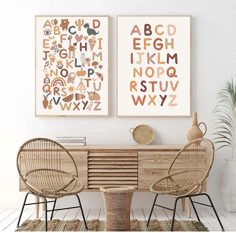 Boho Nursery ABC Alphabet Poster Wall Art Canvas Painting Print Playroom Pictures New Baby Girls Gift Kids Room Home Decoration