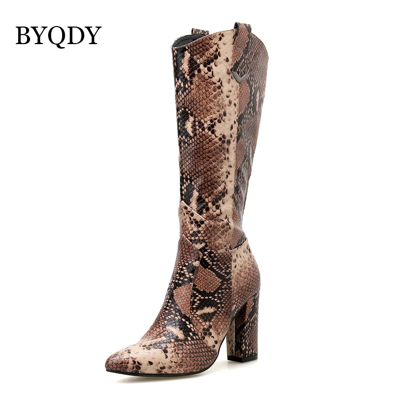 BYQDY Woman Knee High Boots Snake Print 