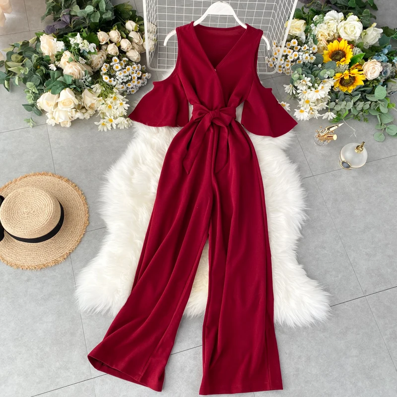 TAOVK Jumpsuit Female Strapless Ruffled Short Sleeve Strap High Waist Slimming Wide Leg Jumpsuit TAOVK Jumpsuit Female Strapless Ruffled Short Sleeve Strap High Waist Slimming Wide Leg Jumpsuit