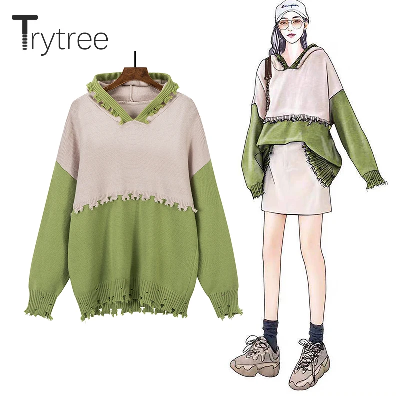 Осень-зима 2020 Женский Повседневный свитер Trytree с капюшоном модный вязаный