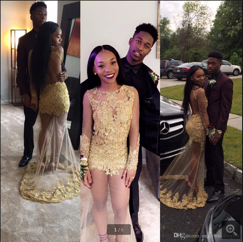 

2020 Sexy Gold Mermaid Black Girls Prom Dresses Long Sleeves Illuiosn Formal Evening Gowns Red Carpet Celebrity Runaway Dresses