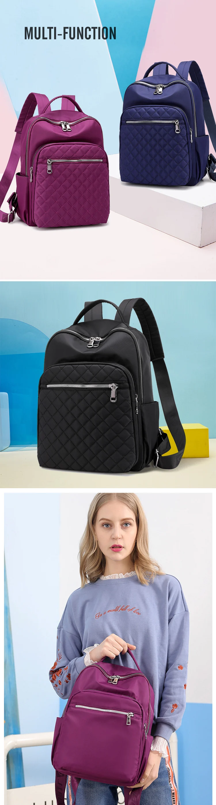 Fashion Large Capacity Solid Women's Waterproof Backpacks Ladies Casual Backpack Simple Nylon Cloth Handbag Mochilas Feminina