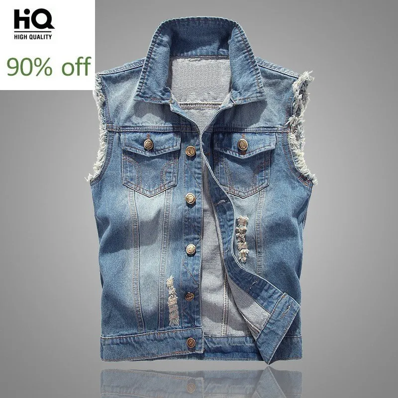 

New Arrival Denim Vest for Men Korean Style Slim Light Bule Sleeveless Jacket Plus Size 6xl Ripped Tops Coat Men Jeans Waistcoat