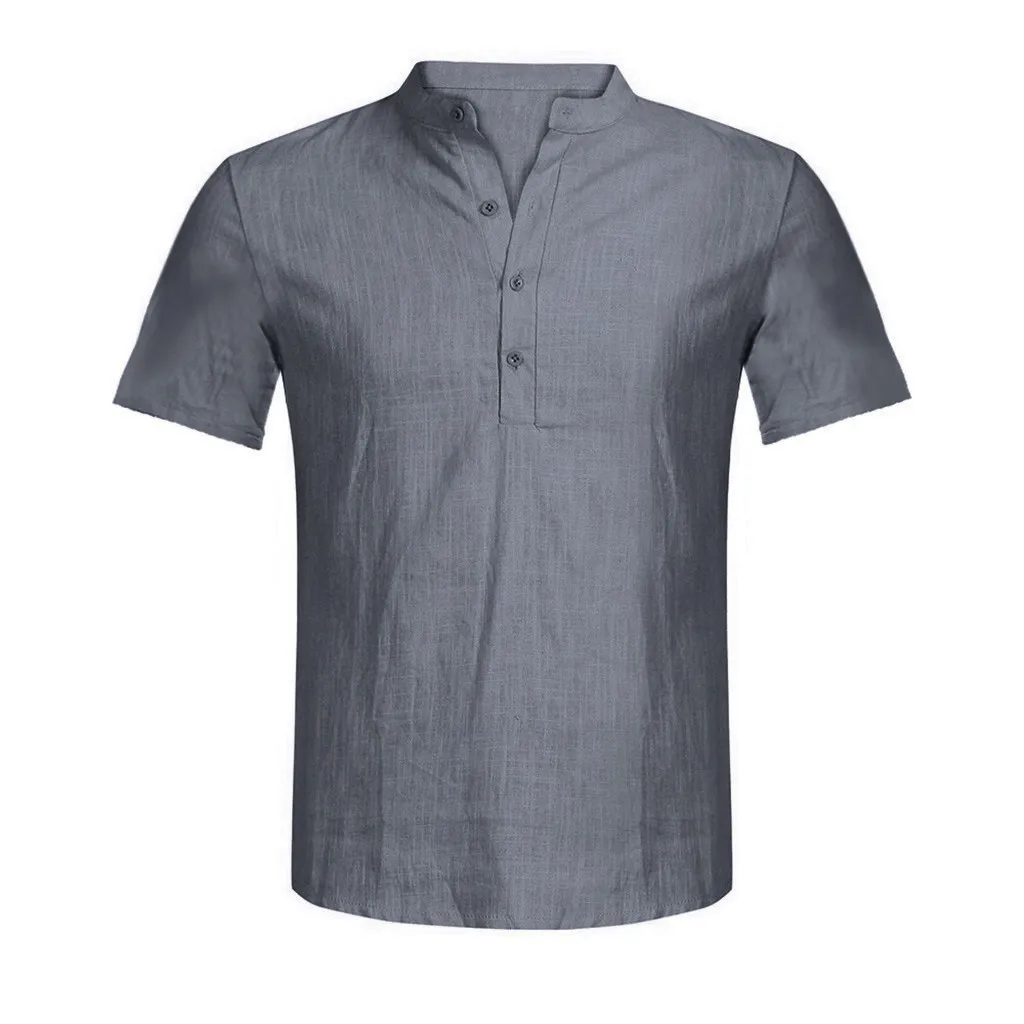 Рубашки для мужчин, Повседневная Блузка, гавайская рубашка, на пуговицах, чистый цвет, хлопок, лен, рубашка, свободная, с коротким рукавом, с воротником, Генрих, Пляжная рубашка, Camisa - Цвет: Gray