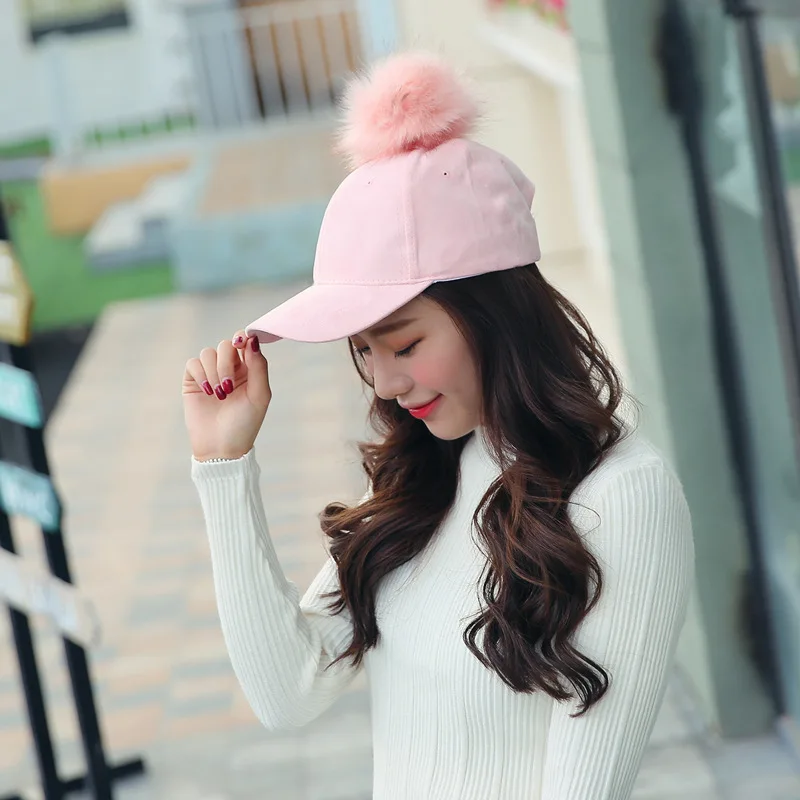 Women Winter Pompom Pink Suede Baseball Cap Autumn Casual Streetwear Black Cap Elegant Girls Hats blue baseball cap