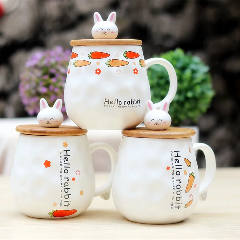 

1pc New Creative Wooden Cover White Printed Ceramic Cup With Spoon Round Coffee Cup Cute Cartoon Water Cup Student Gift Milk Mug
