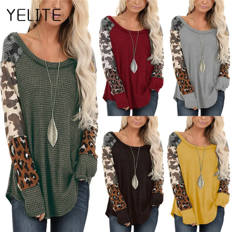 

YELITE Women Shirts Pattern Leopard Patchwork Pullovers 2019 Autumn Long Sleeve Female Pullovers Loose Irregular Hem Ladies Top