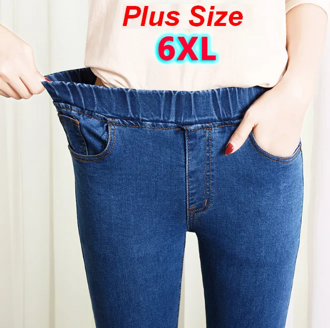 Ceny Damskie jeansy Plus rozmiar w pasie spodnie stretchowe spodnie jeansowe Bagger jesień zima niebieski czarny duży rozmiar 5xl 6xl ouc551