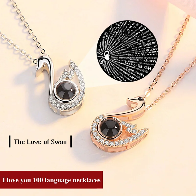 

3UMeter Woman Necklace Love Memory Projection Swan Pendant Necklaces 100 Languages I Love You Necklace Christmas Surprise Gift for Her