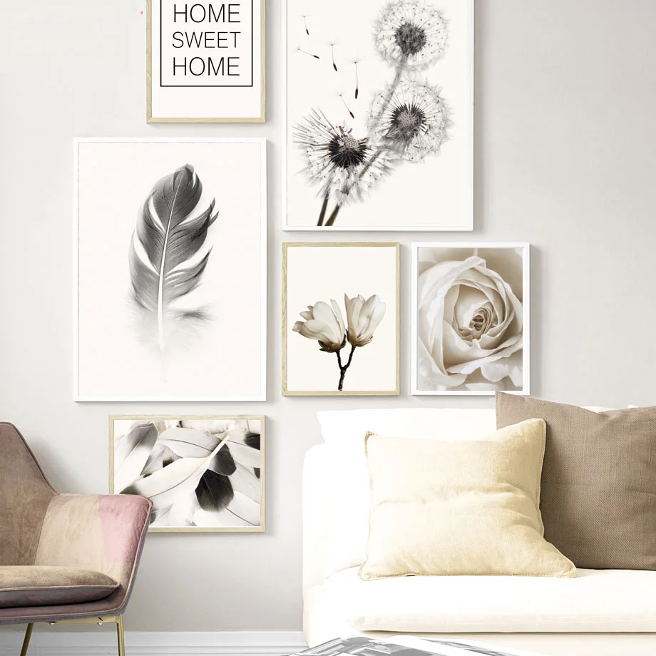 Canvas-Painting-Wall-Art-Nordic-Poster-Black-White-Dandelion-Feather-Rose-Flower-Pictures-For-Bedroom-Home