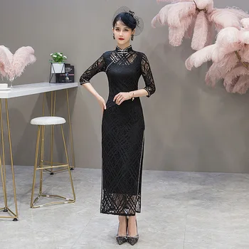 

New Style Black Cropped Sleeve Cheongsam Dress Women'S Banquet Dress Noble And Elegant Lace Fishtail Dress Modern Qipao