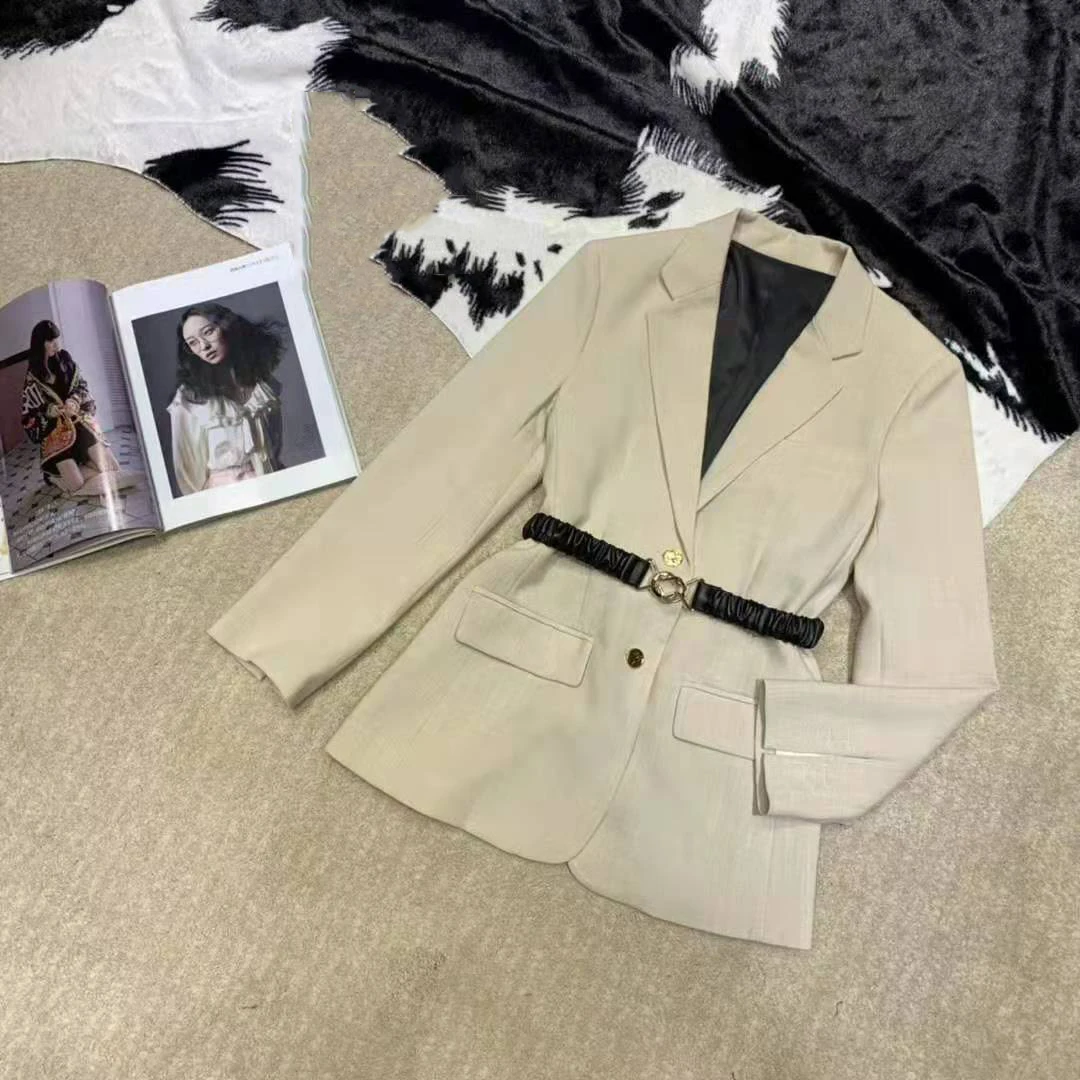 

2019 new ladies high quality fashion long sleeve lapel pleated belt decorative blazer 0724