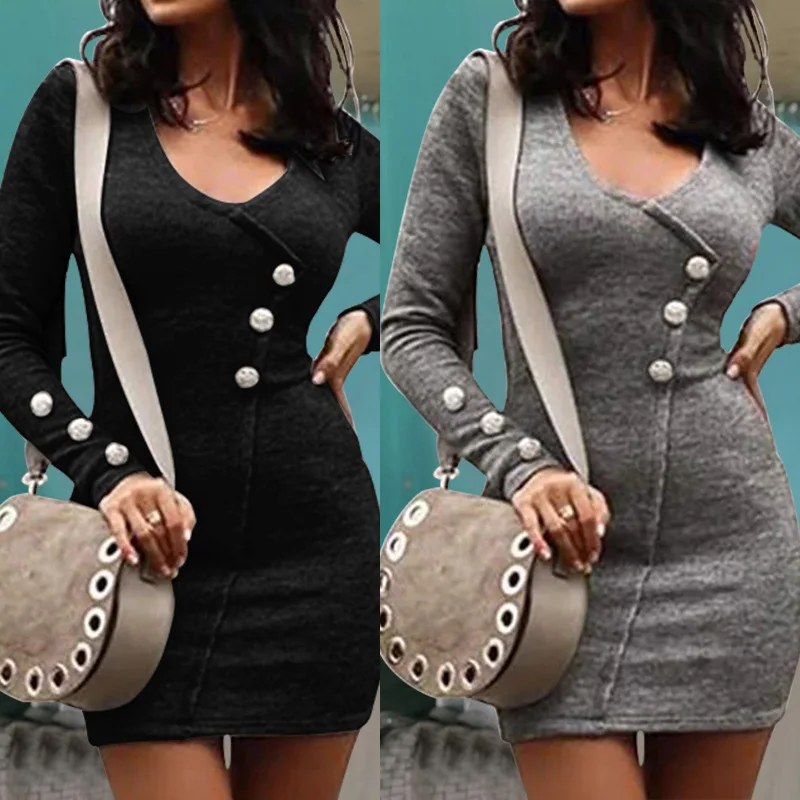 

Women 's Dress Slim Fit Slimming Button Long-sleeved Dress