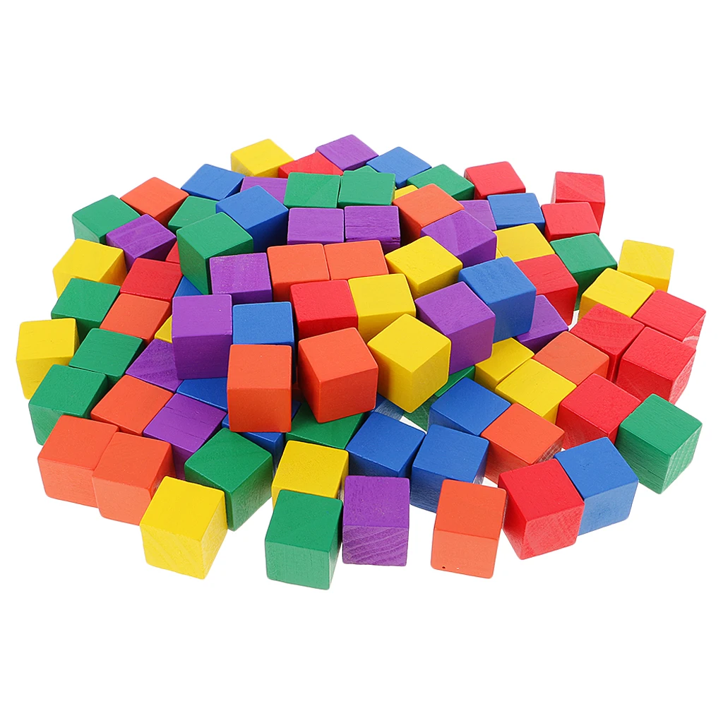 100 Pcs Colorful Solid Wood Square Blocks Wood Cubes Wood Cube Blocks