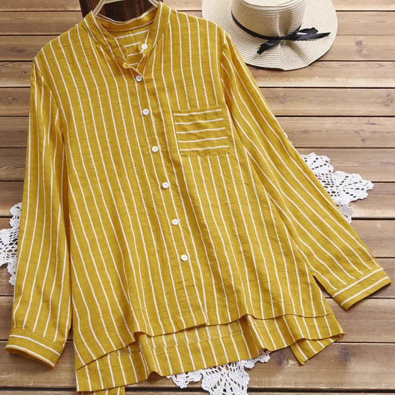 2020 spring and summer large size women's long-sleeved blouse vertical striped irregular loose button shirt - 4.00069E+12