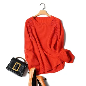 

Tailor Shop Custom Made Pure Cashmere Hook Flower Hollow Loophole Round Neck Bubble Long Sleeve Loose Knit