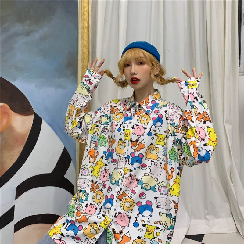 Harajuku BF стиль дизайн женская блузка белый мультфильм печати отложной воротник с