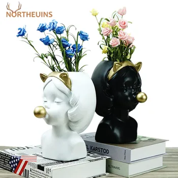 

NORTHEUINS Resin Girl Blowing Bubbles Miniature Flowerpot Figurines Modern Nordic Home Decor Flower Vases Decorative Plant Pots