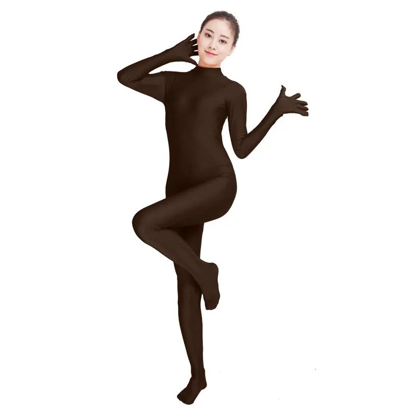 Черный спандекс Zentai полный тело Кожа плотный комбинезон унисекс зентай костюм комбинезон для женщин Unitard лайкровая танцевальная одежда - Цвет: Dark Brown