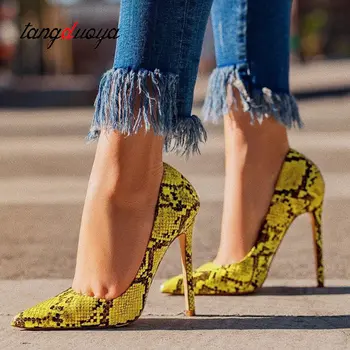 

12CM PUMPS 2020 spring color snakeskin pattern super high heels stiletto shallow mouth pointed sexy zapatos de mujer
