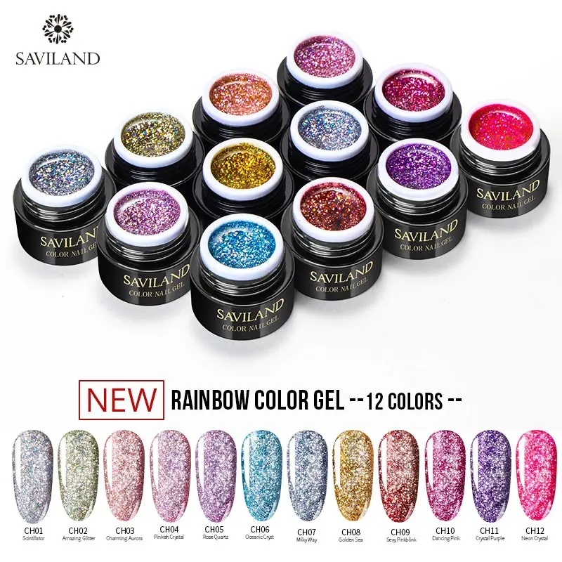 

SAVILAND 12 Colors Holographic Shiny Rainbow Gel Nail Polish 6ml Glitter Soak-Off UV LED Semi Permanent Gel Varnish Lacquer