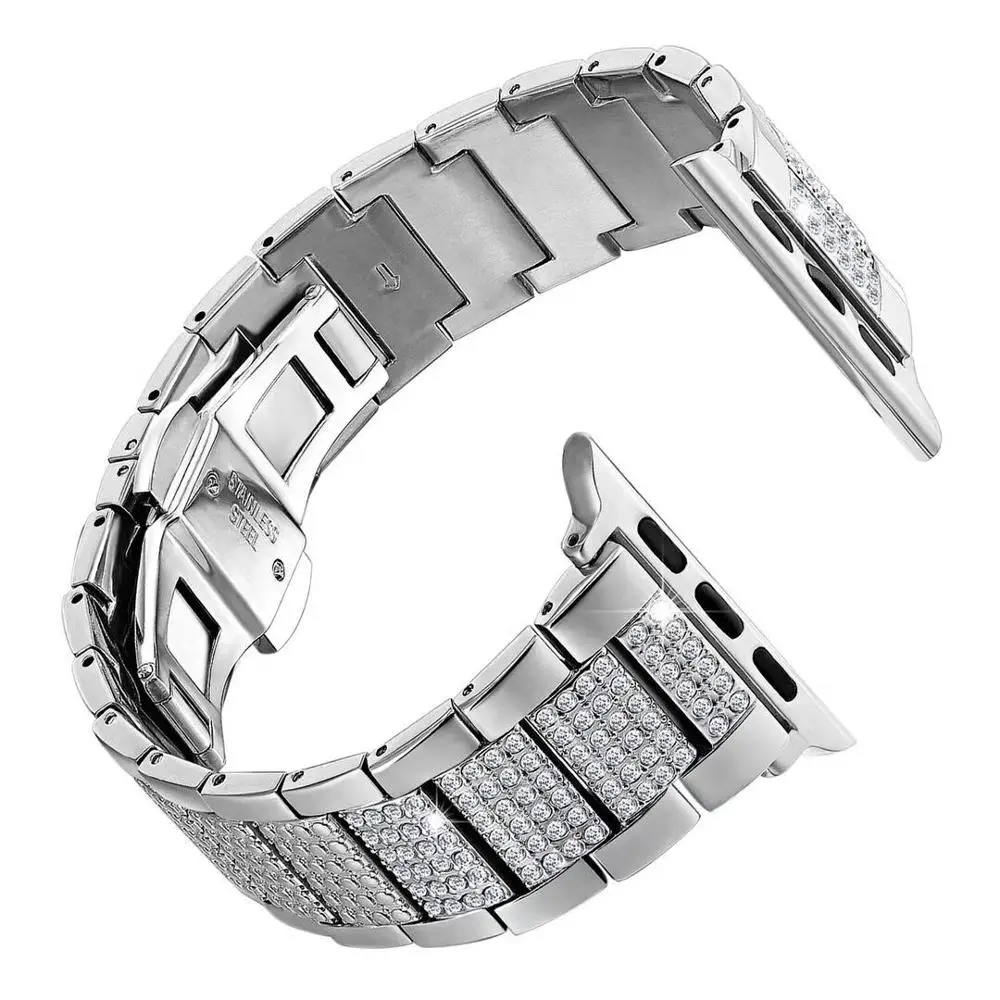 Luxury design Butterfly clasp Stainless Steel link Bracelet Strap series 4/3/2/1 for Apple Watch Diamond Band 38/40mm 42mm/44mm - Band Color: Silver