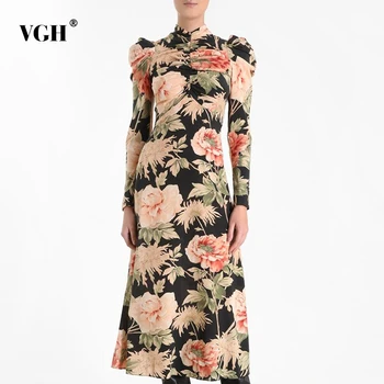 

VGH Vintage Print Dress For Women Stand Collar High Waist Long Sleeves Maxi Party Dresses Female 2020 Fashion New Clothing