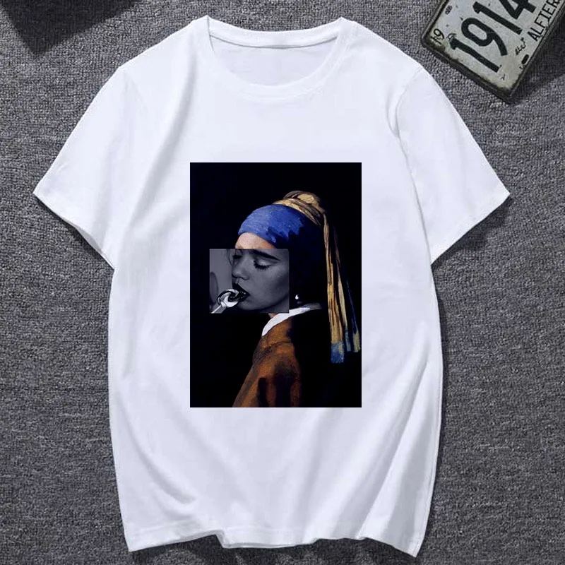 New Summer Tshirt Spoof Mona Lisa Fun Fashion Print T-shirt Personality Harajuku Funny Casual Thin Section T Shirt Women Clothes