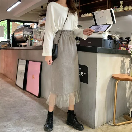 Light Grey Faldas mujer moda юбки с высокой талией в стиле ампир длиной до колена прямые Лоскутные Повседневные осенне-зимние новые женские сетчатые юбки - Цвет: Light Grey