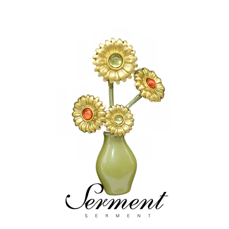 

SERMENT Van Gogh Sunflower Pins Green Paint Vase Retro Flower Brooches Jewelry Lapel Pins Accessories Gifts for Friends Pins