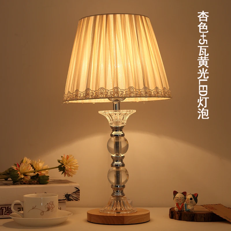 Европейская роскошная Хрустальная настольная лампа, прикроватная лампа для спальни, тканевый ламповый абажур, деревянная основа, жилая настольная лампа