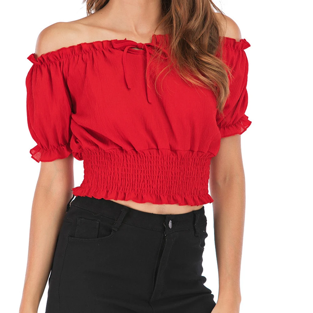 Майка повседневная без бретелек летний женский укороченный топ с открытыми плечами эластичный пояс праздничный сексуальный свитер с рюшами рукав-фонарик пляжный клуб